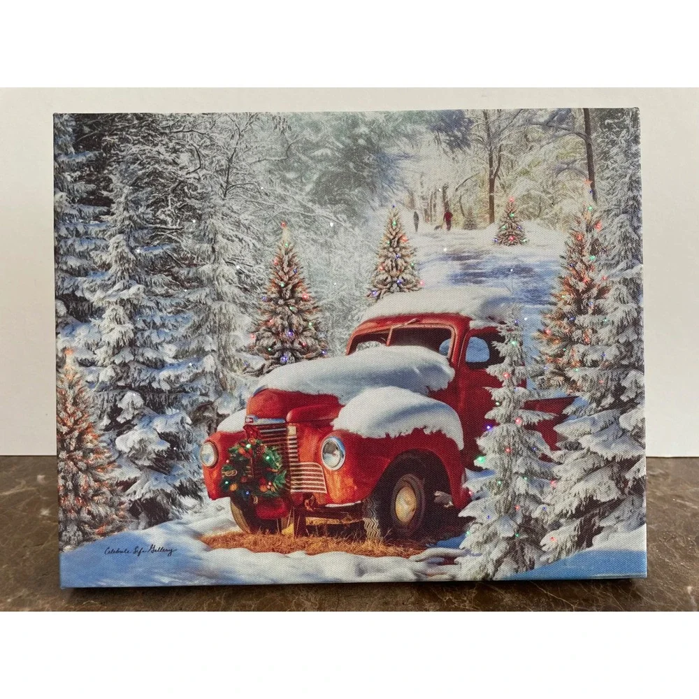 2 Celebrate Life Gallery LED Lighted Canvas Print Red Truck Snowy Forest Holiday